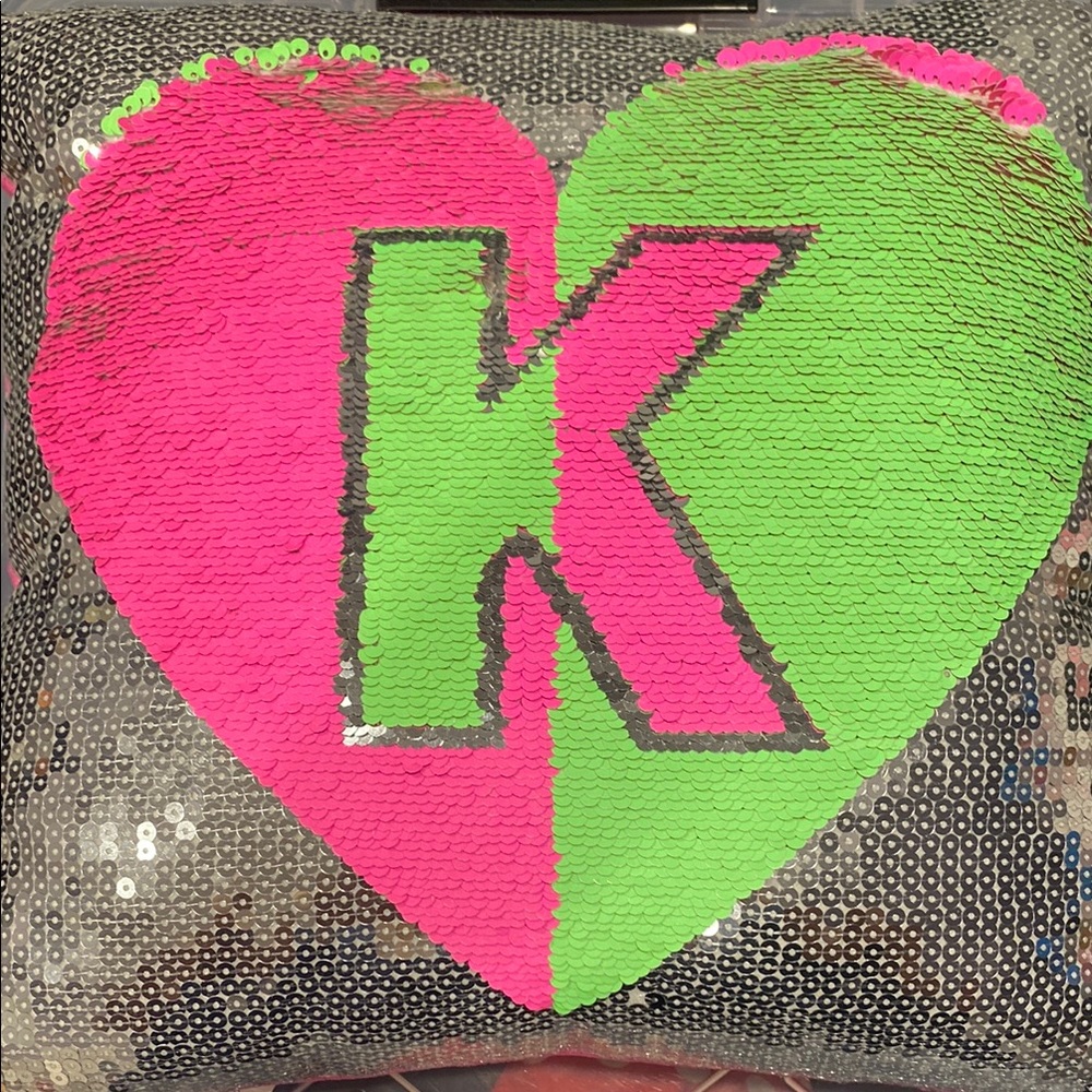Justice Pink and Green “K” Sequin Heart Pillow
